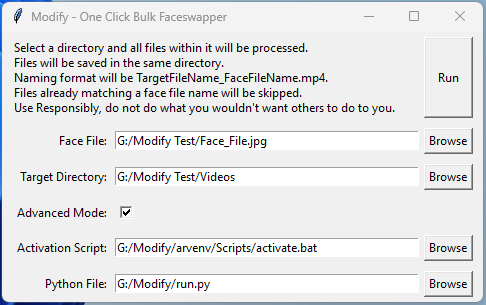 Roop-Parivartanam advanced mode UI with venv and run.py selection